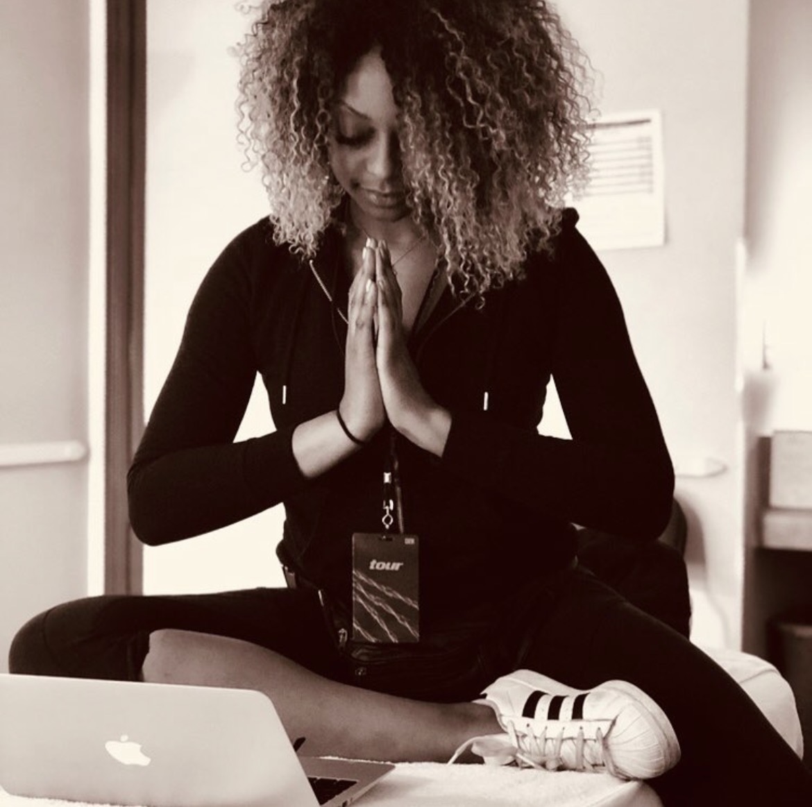Ariane in a quiet moment of meditation between tour dates